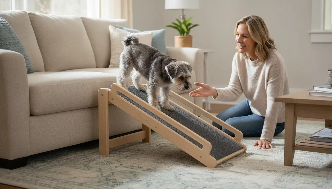 Small dog using a textured indoor dog ramp beside a sofa