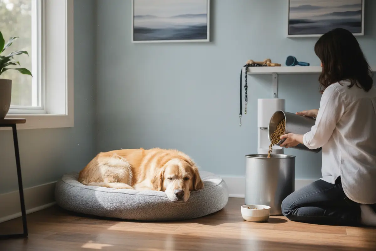 Dog relaxing on a bed in a quiet home