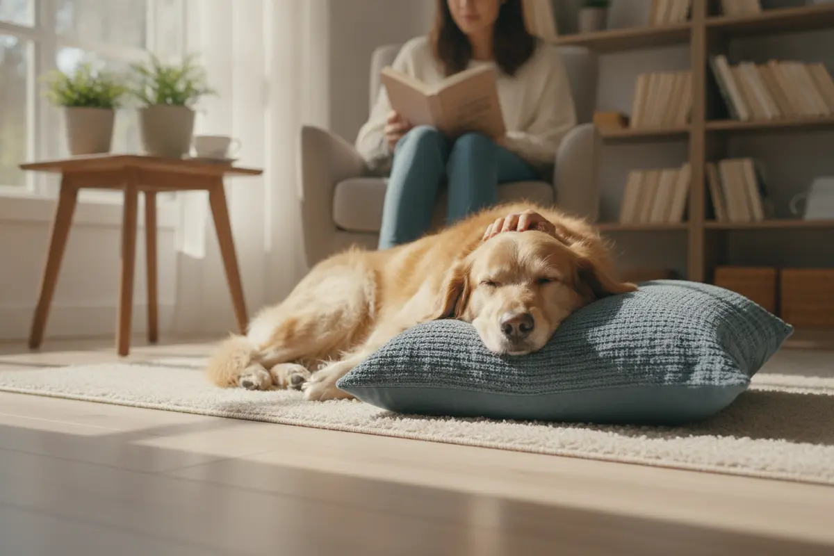 Dog resting in a quiet home space near its caregiver