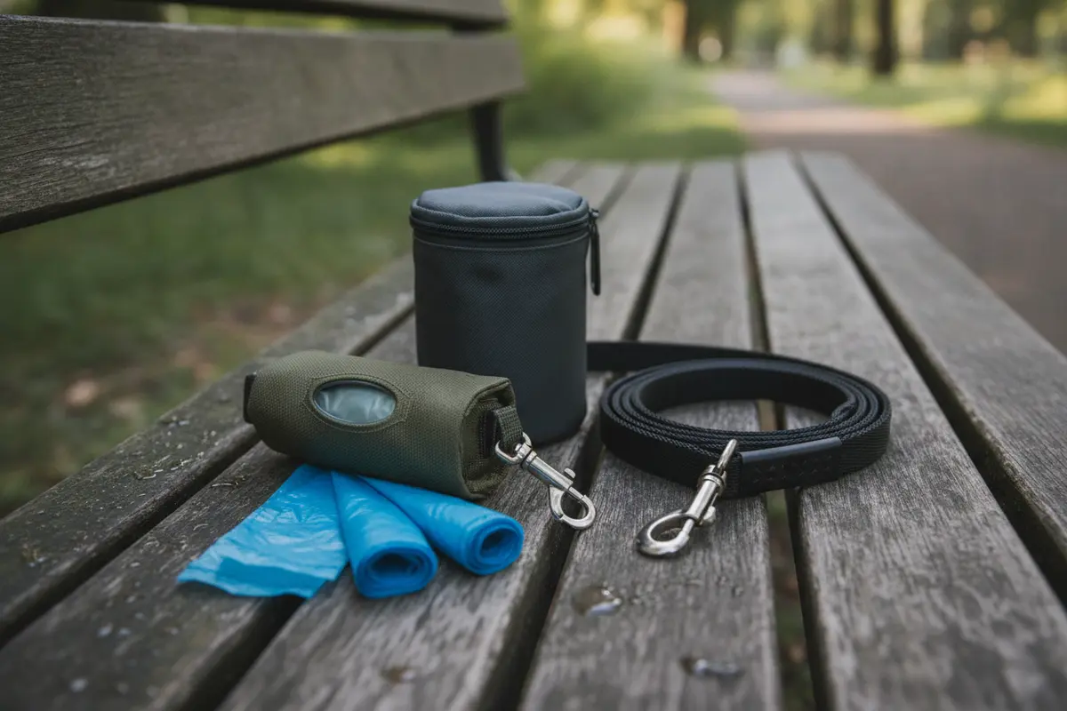 Kit de paseo para perros con correa, dispensador de bolsas compacto, bolsas de residuos de repuesto y un portabolsas separado