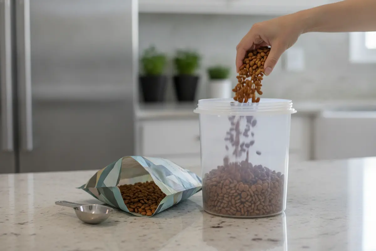 Dry dog food transferred carefully into a clean storage container