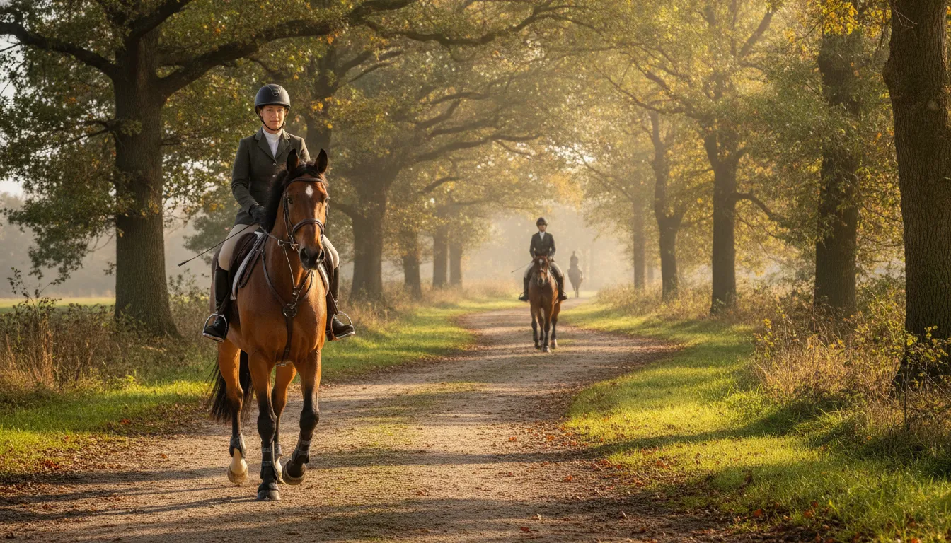 Horse and rider trotting along a tree-lined path