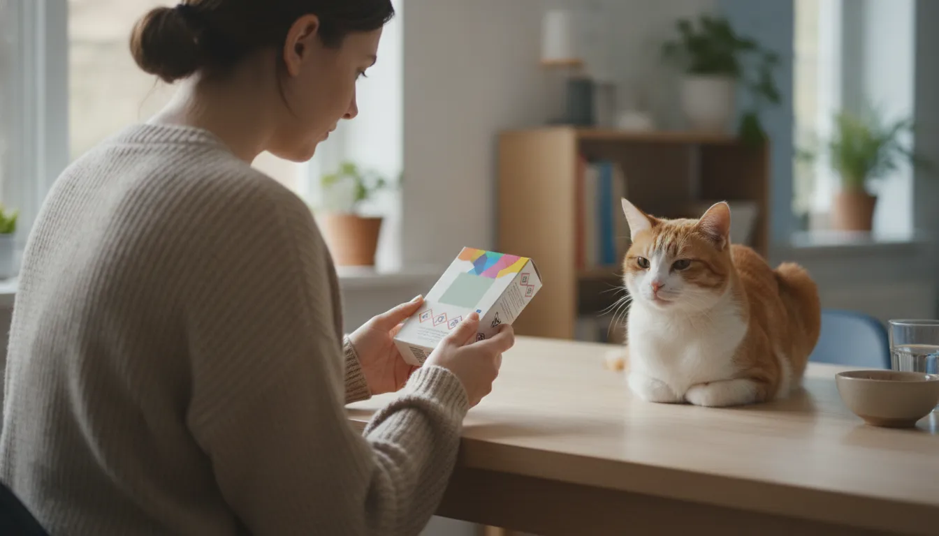 Cat owner reading a flea treatment safety label beside a calm cat