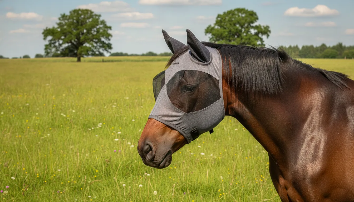 Horse owner checking eye clearance and fit on a fly mask with ears