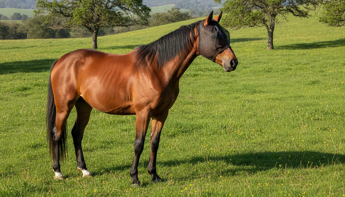 Side view of a horse wearing a properly fitted fly mask with eye clearance