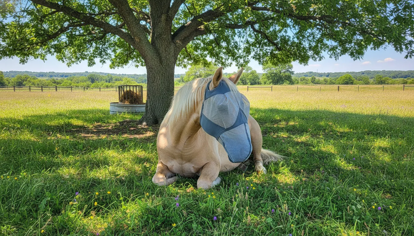 Light-faced horse wearing a fly mask with ears and nose coverage in pasture shade