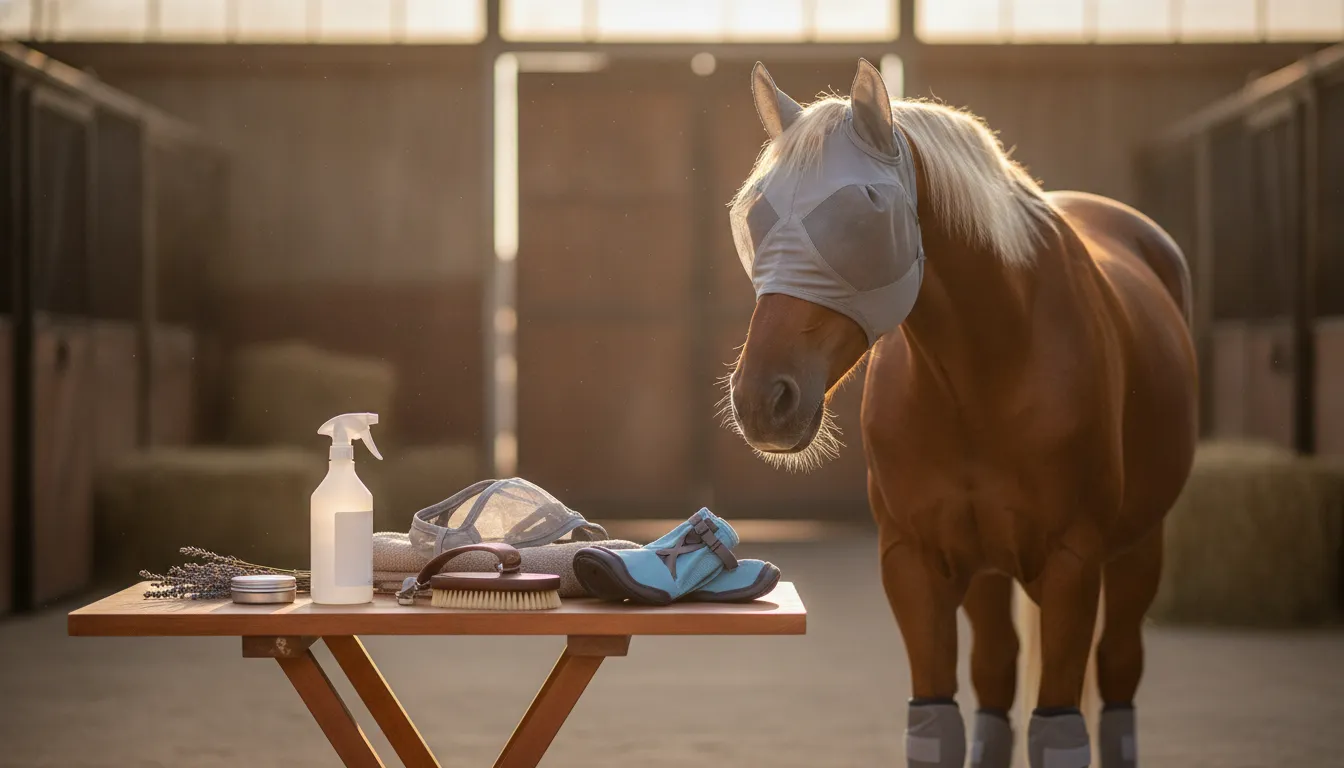 Fly-season care supplies arranged beside a horse in a clean barn