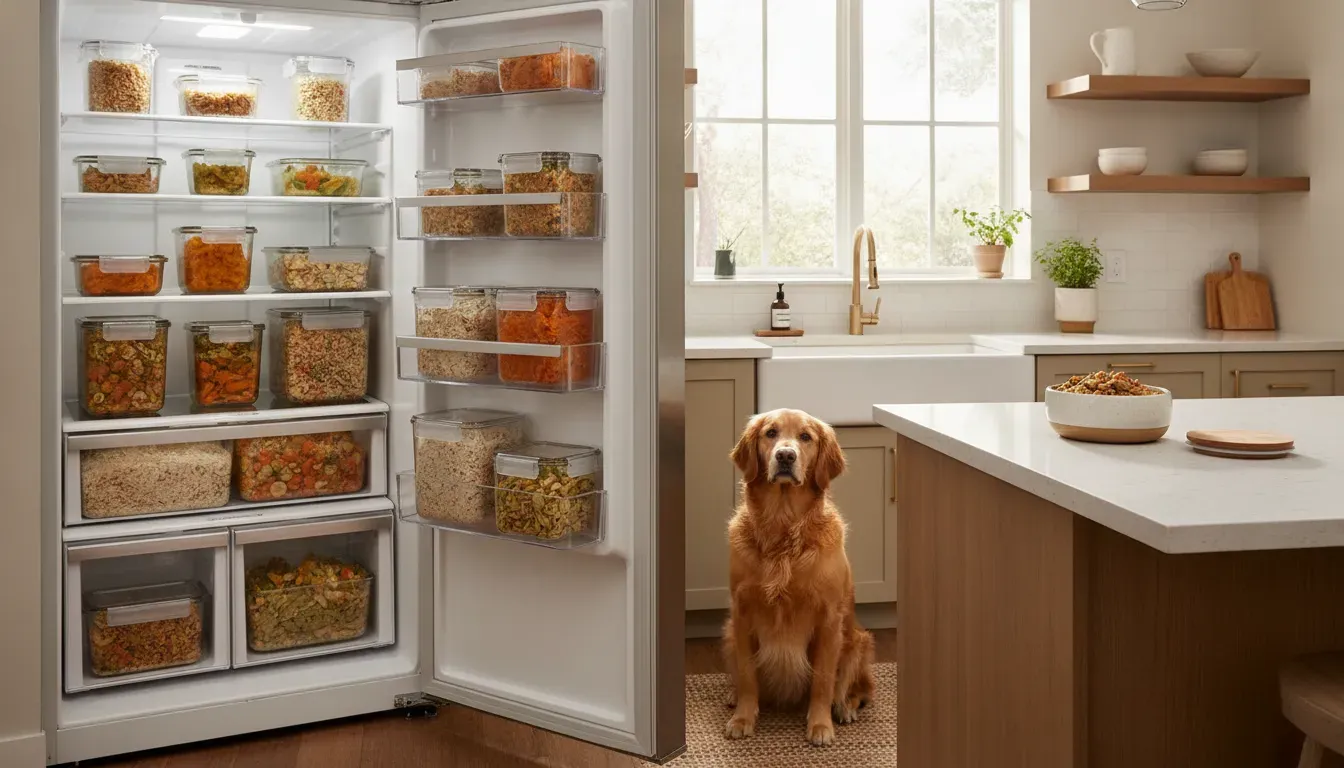 Fresh dog food stored in covered containers in a refrigerator