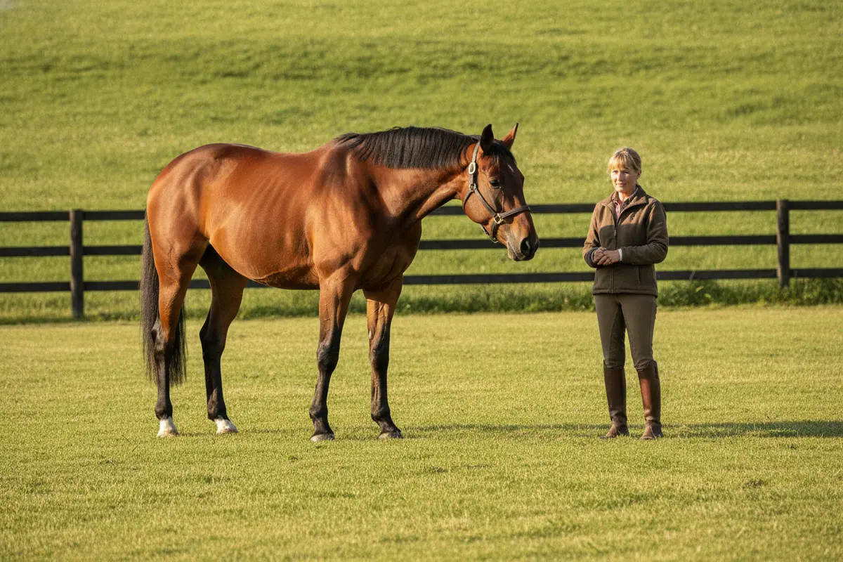 Handler calmly evaluating a horse in a paddock