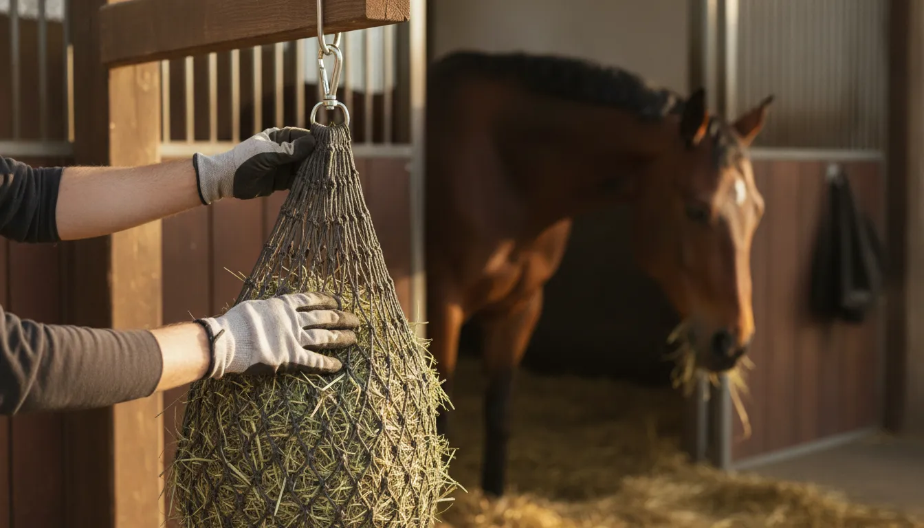 Horse owner checking the mesh opening and secure hanging point of a hay net