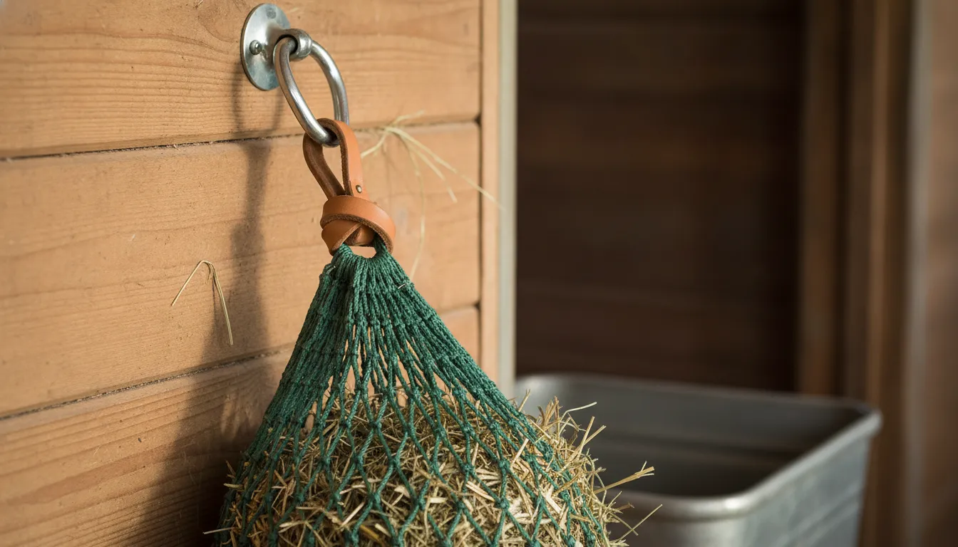 Hay net securely attached to a sturdy stall tie ring