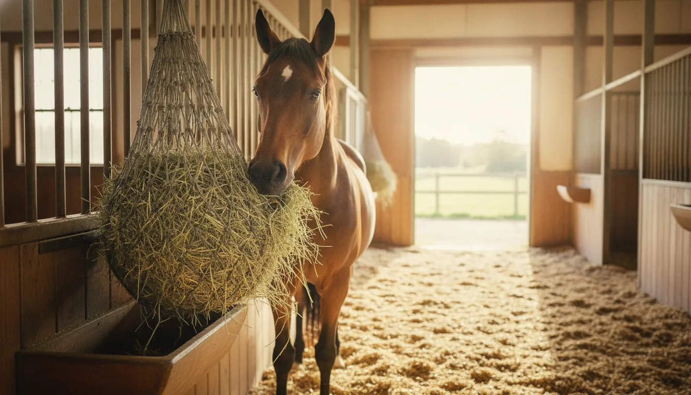 Securely hung slow-feed hay net in a clean horse stable