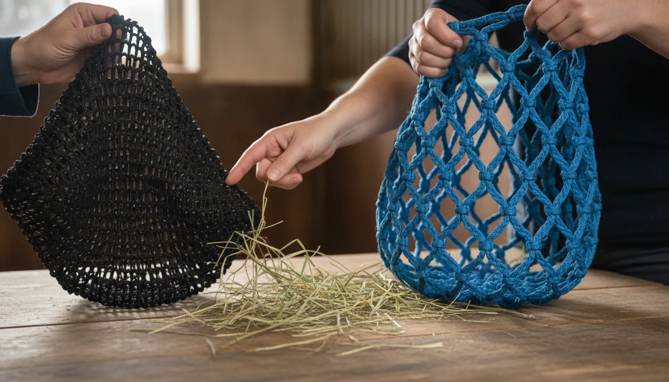 Close-up comparison of small-hole mesh and heavy-duty hay net cord