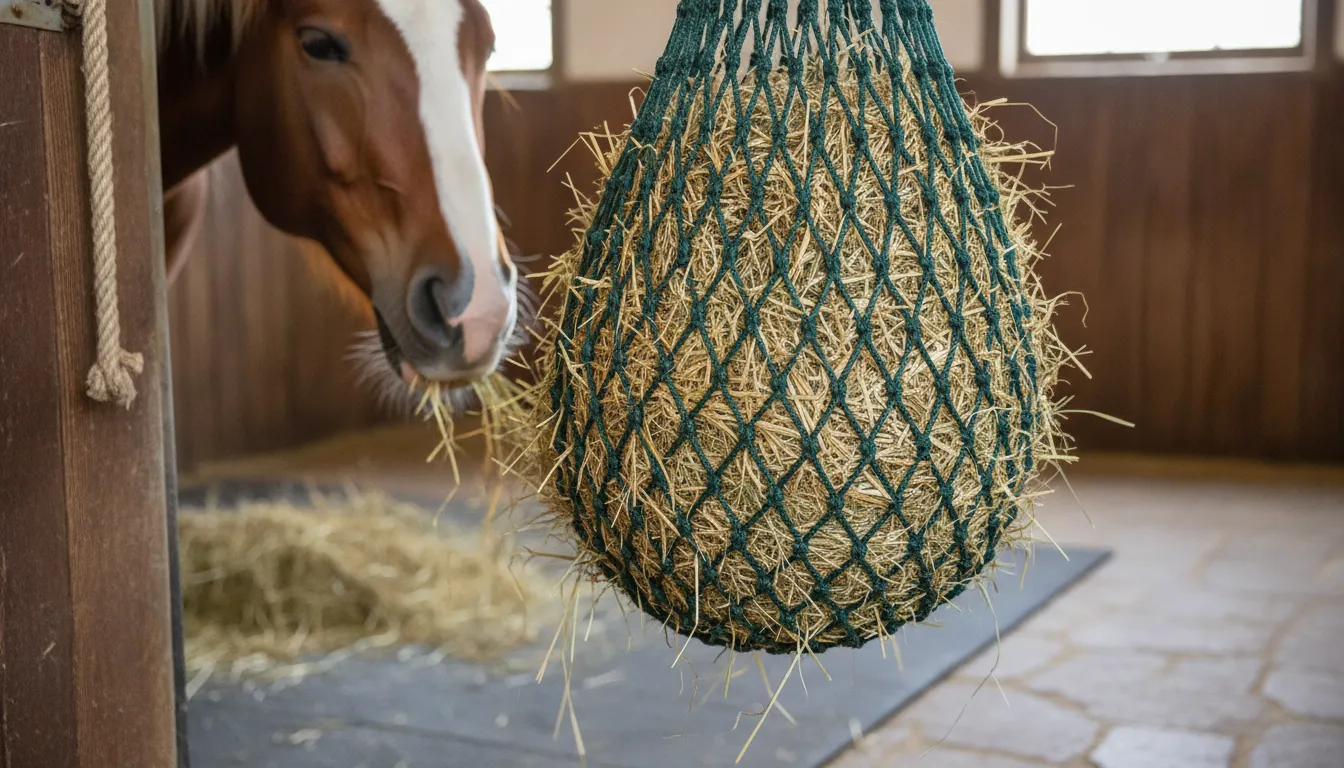 Close view of grass hay visible through the mesh of a slow-feed hay net
