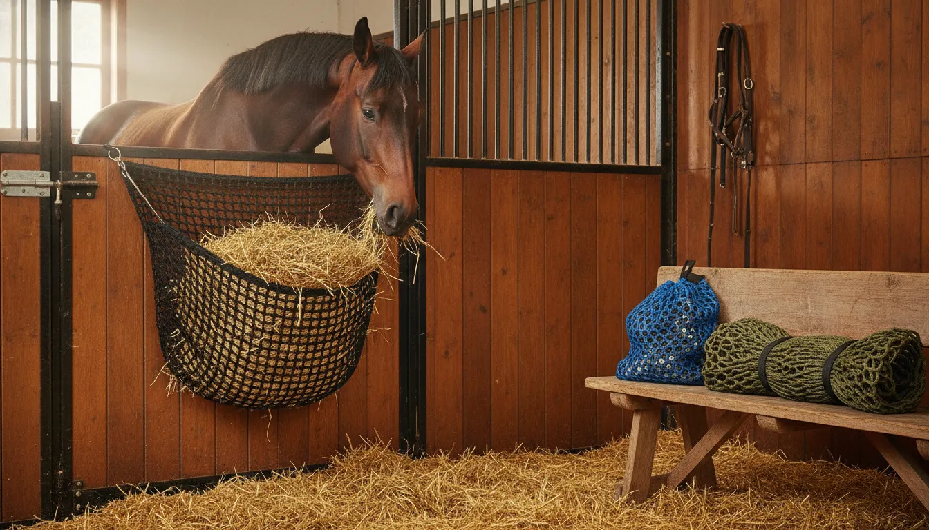 Bay horse eating from a slow-feed hay net in a clean stable