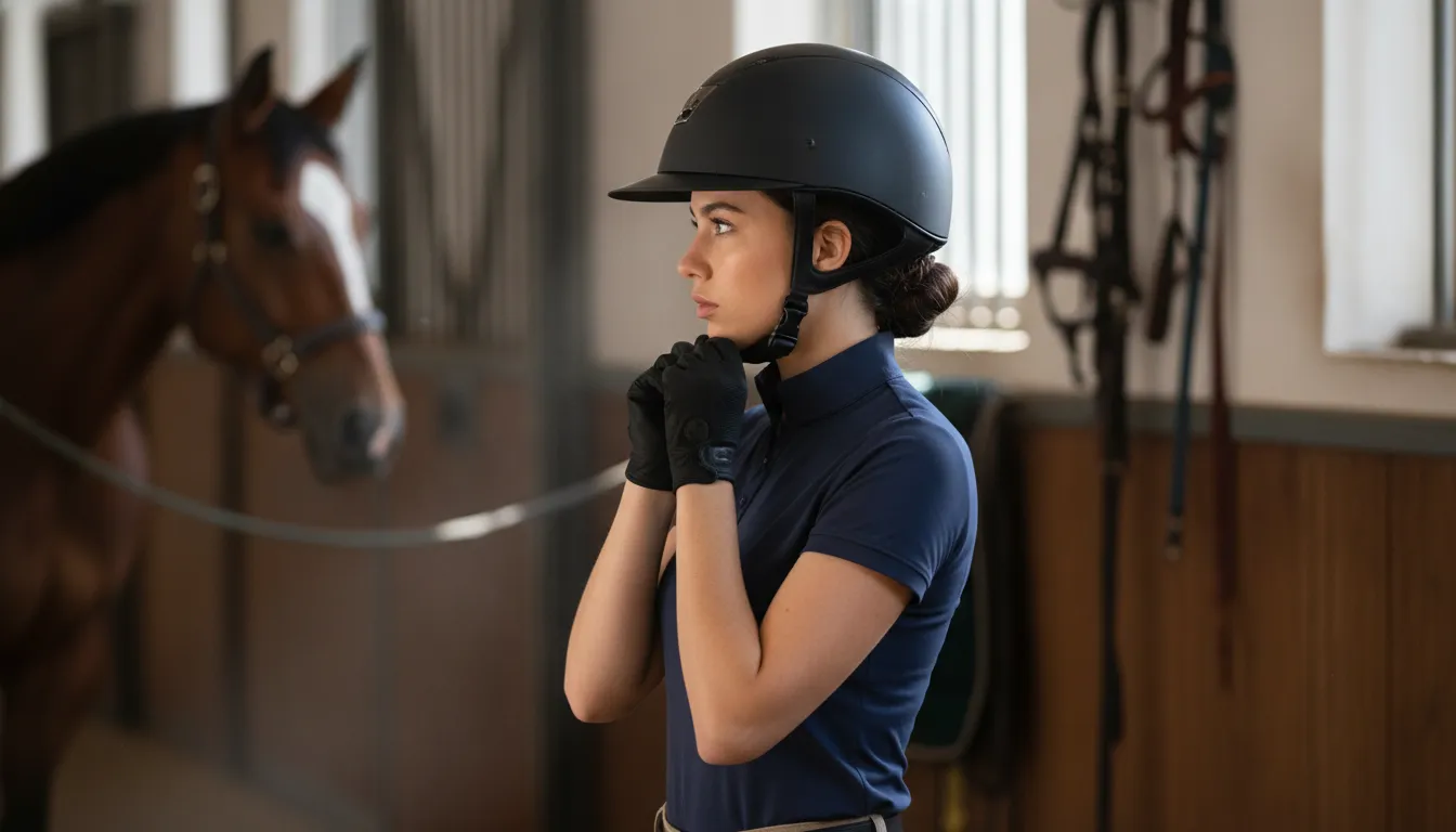 Rider checking the level fit and chin strap of a riding helmet