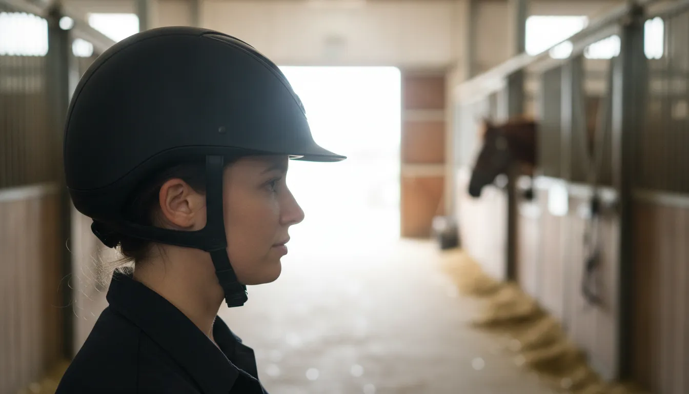 Rider demonstrating the secure fit of a horse riding helmet