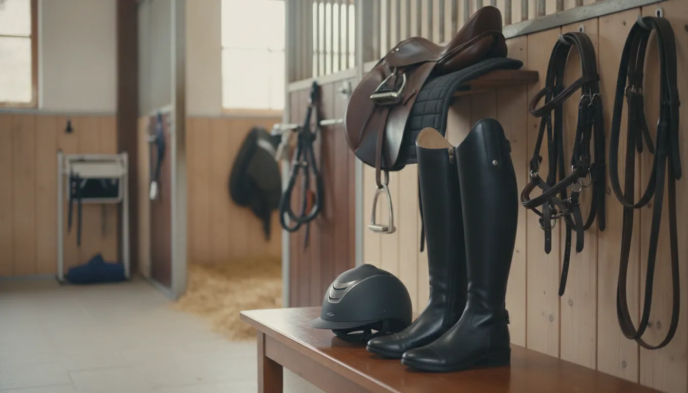 Horse riding helmet with riding boots and equestrian safety gear