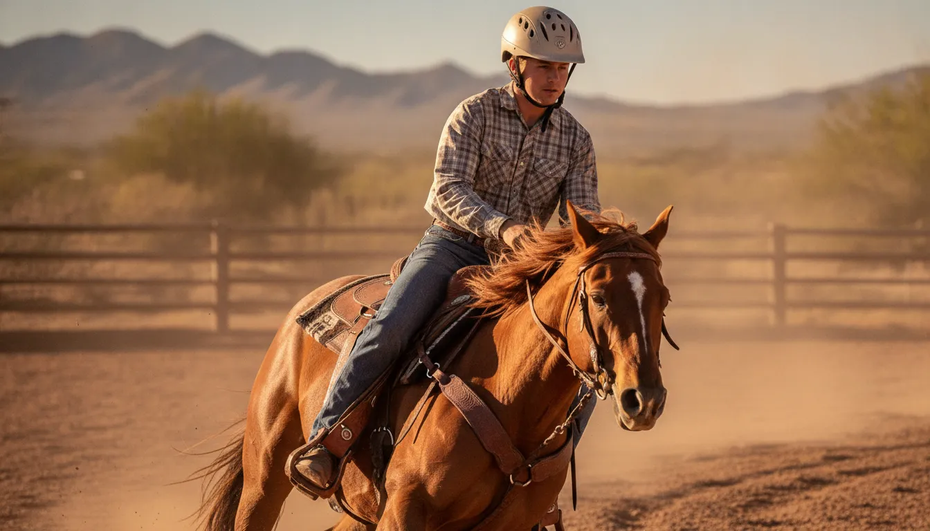 Vented western riding helmet showing airflow openings and low profile design