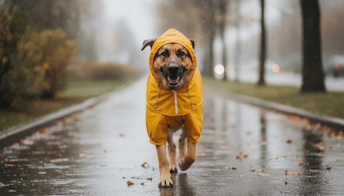 Large dog wearing a protective rain coat outdoors