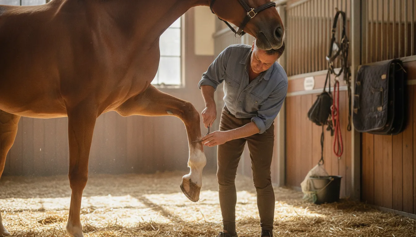 Farrier examining a horse hoof during routine hoof care