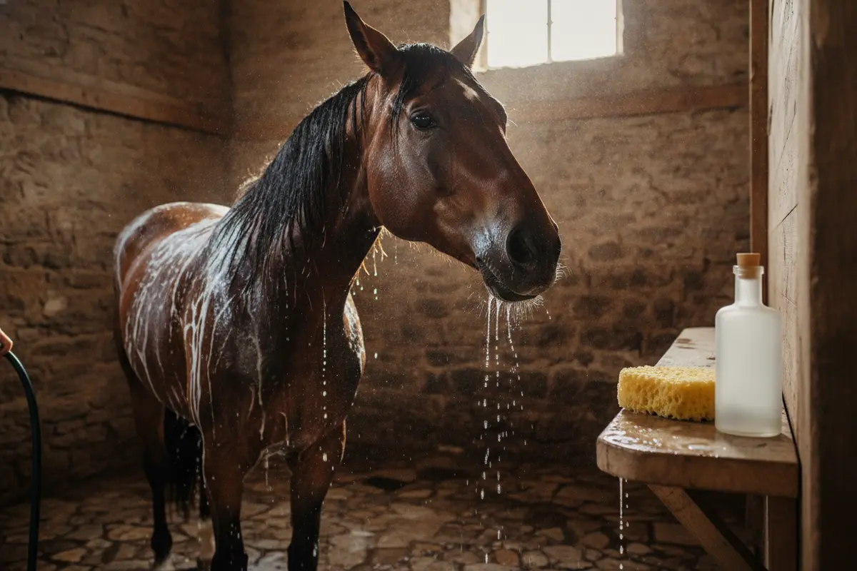 Horse shampoo and grooming tools beside a horse during a bath