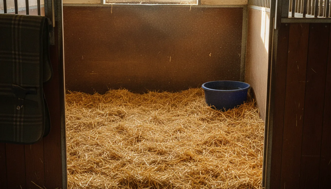 A bedded horse stall with a water bucket at the side and a stable blanket on the door