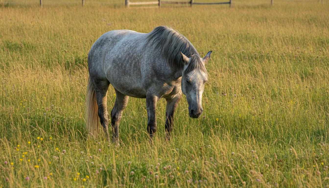 A gray horse dozing with its head lowered in a grassy paddock