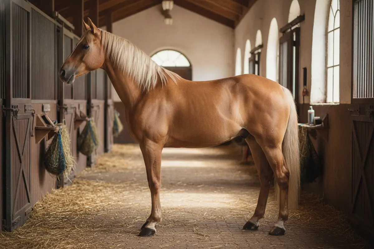 Horse standing in profile with visible head, neck, back, limbs, and hoof regions