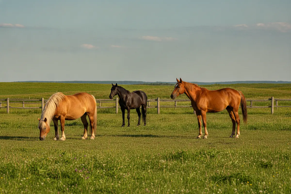 Horses with different body builds standing in a paddock