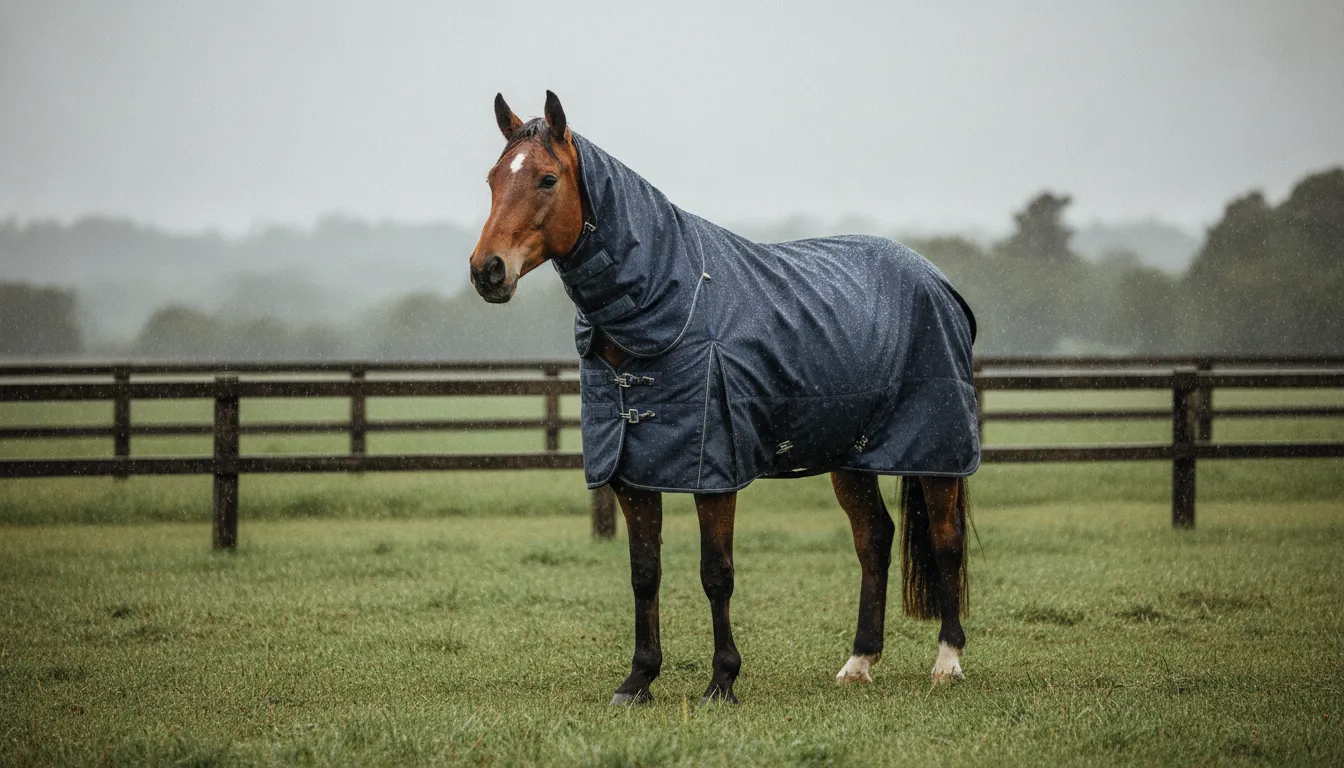 Chestnut horse wearing a waterproof turnout blanket in a damp paddock