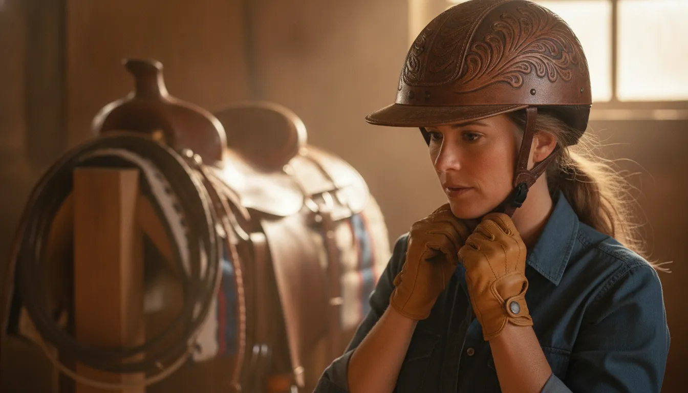 Rider adjusting a western-style riding helmet before a trail ride