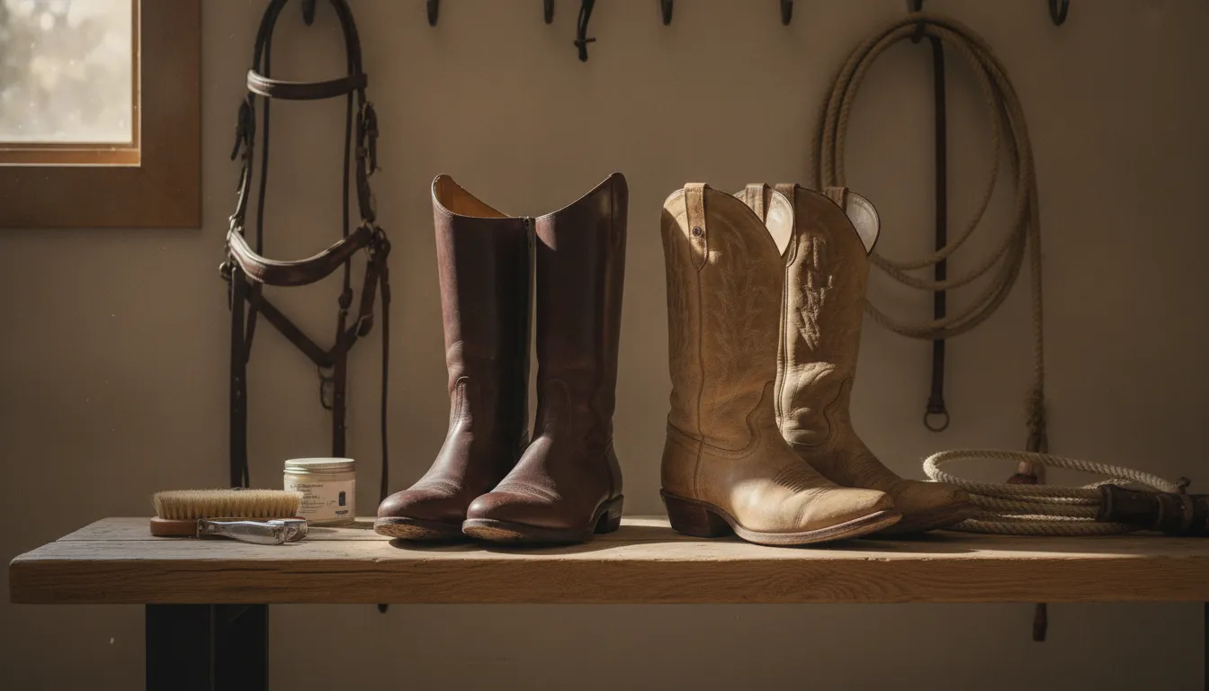 English and Western horse riding boots compared in a tack room