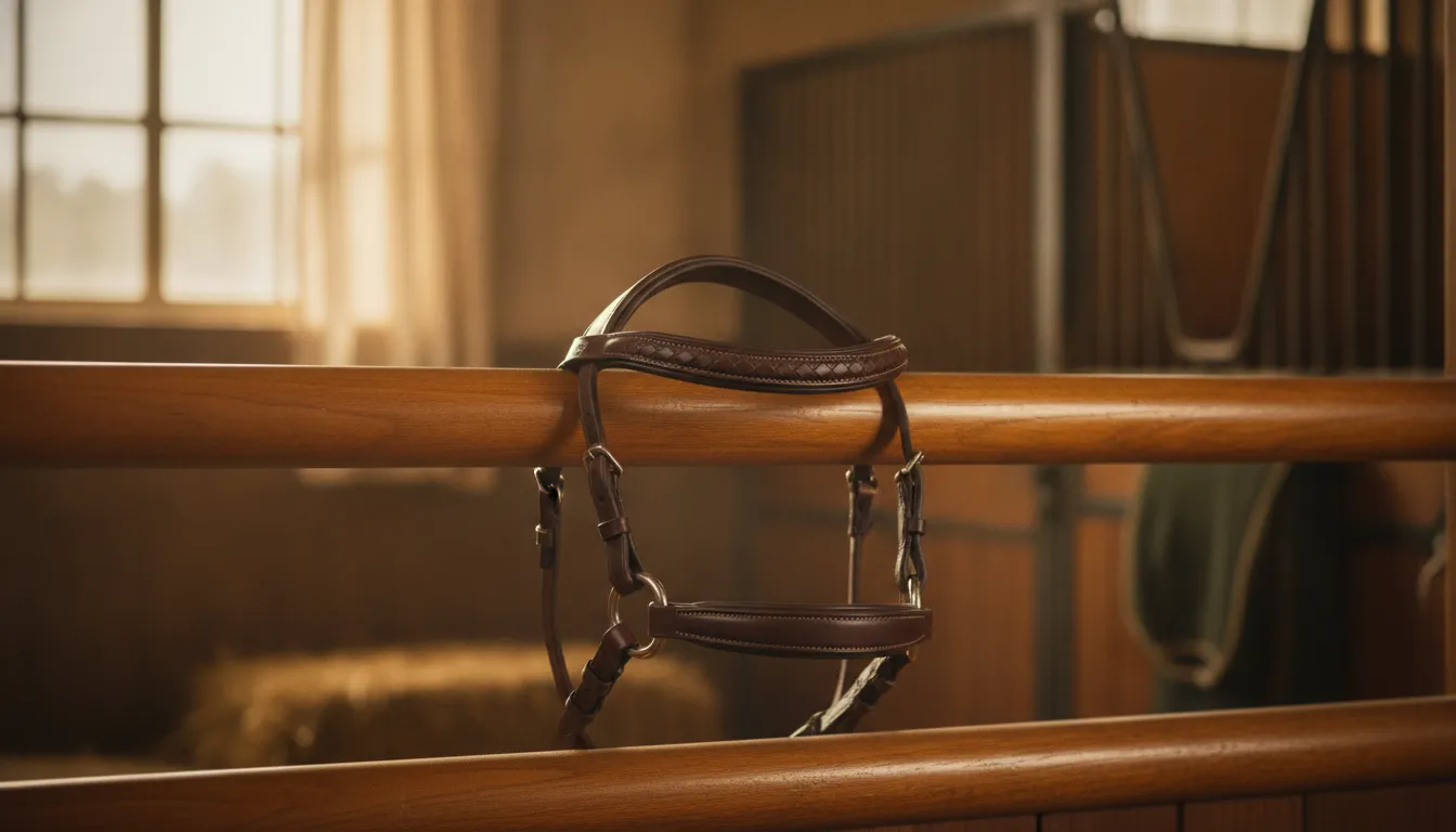 A leather British-style bridle with snaffle bit laid over a stable rail, showing the headstall parts