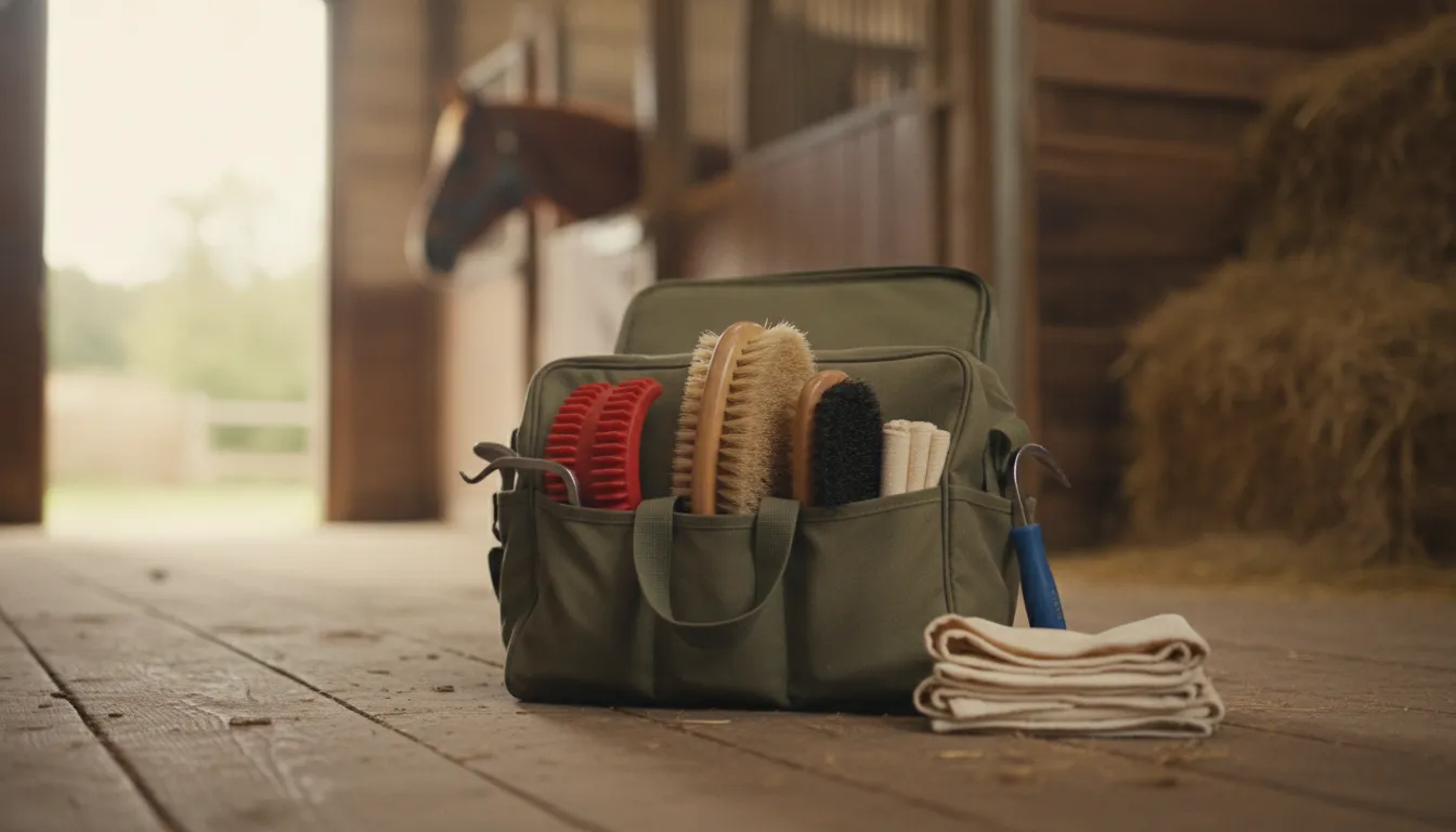 A tidy set of horse grooming brushes arranged in the compartments of an open grooming bag