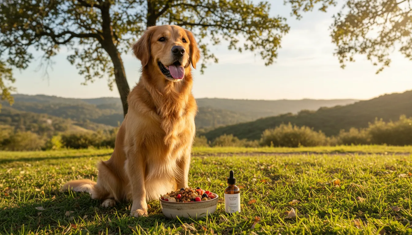 Dog with food and supplement bottle for probiotics for dogs with diarrhea