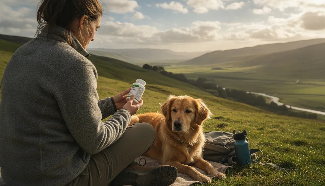Pet owner checking a probiotic supplement label for dog diarrhea support