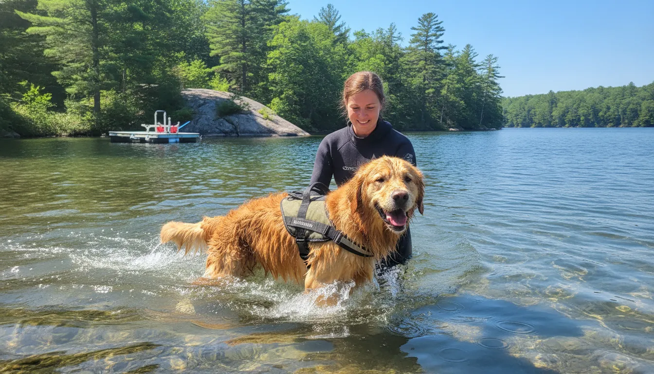 Happy dog swimming in a lake as low-impact exercise for joint health