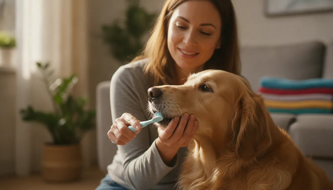 Pet parent gently brushing a dog's teeth as part of a daily dog dental care routine