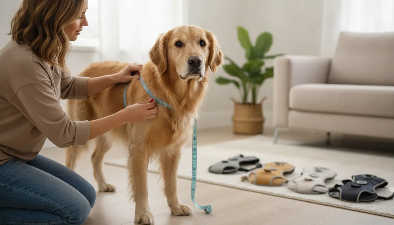 Owner checking the fit of a calming vest on a relaxed dog