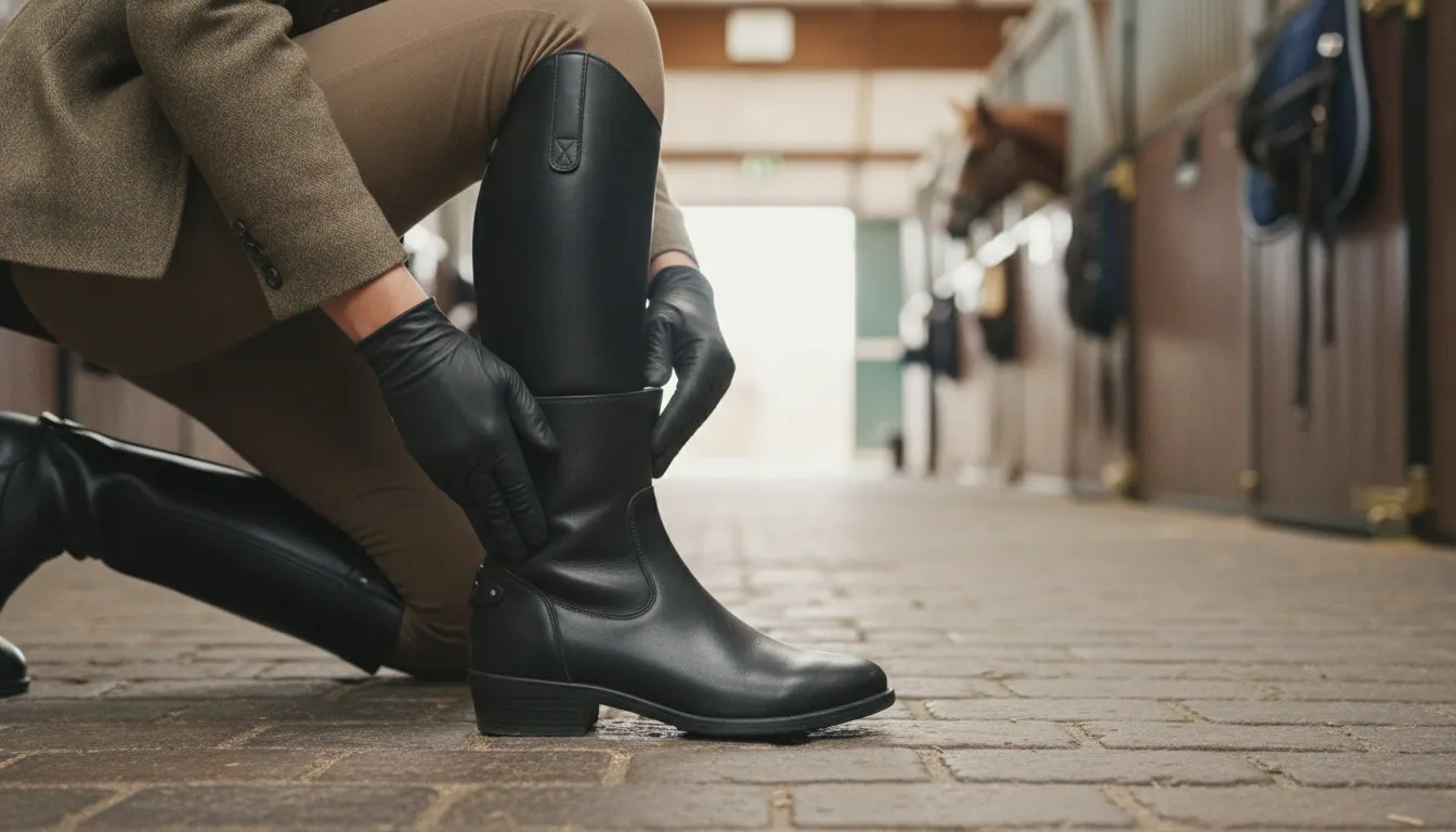Rider checking the ankle and heel fit of horse riding boots