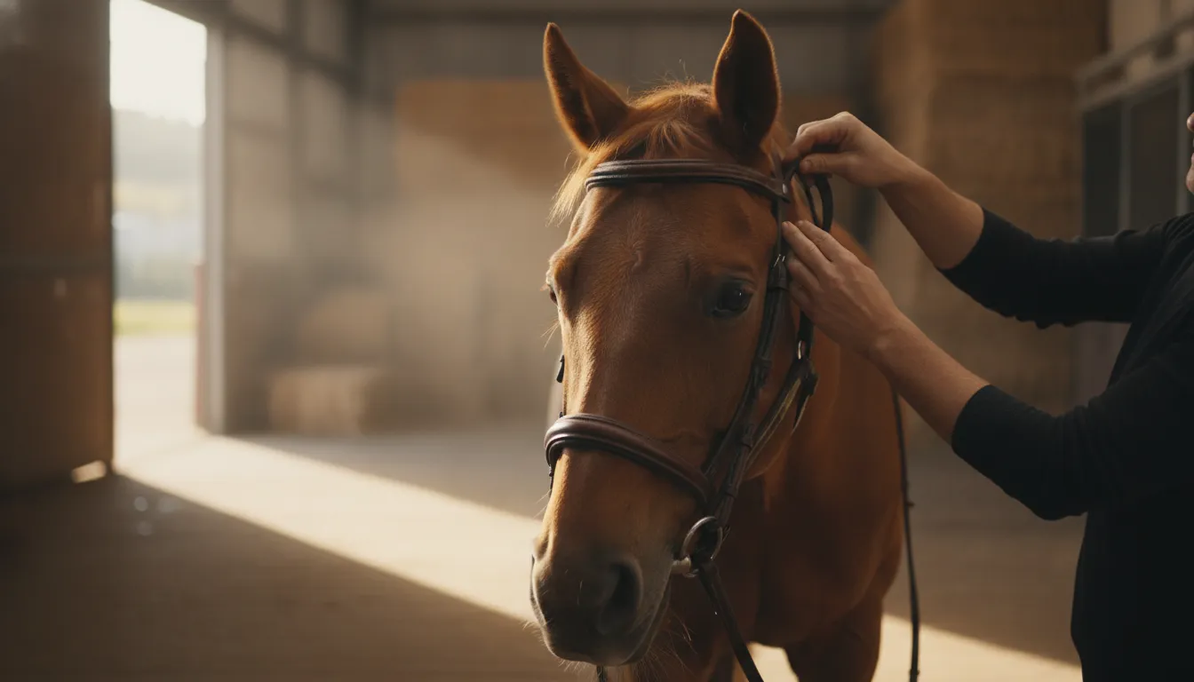 A rider adjusting the crownpiece and cheekpieces of a leather horse bridle in a sunlit barn aisle