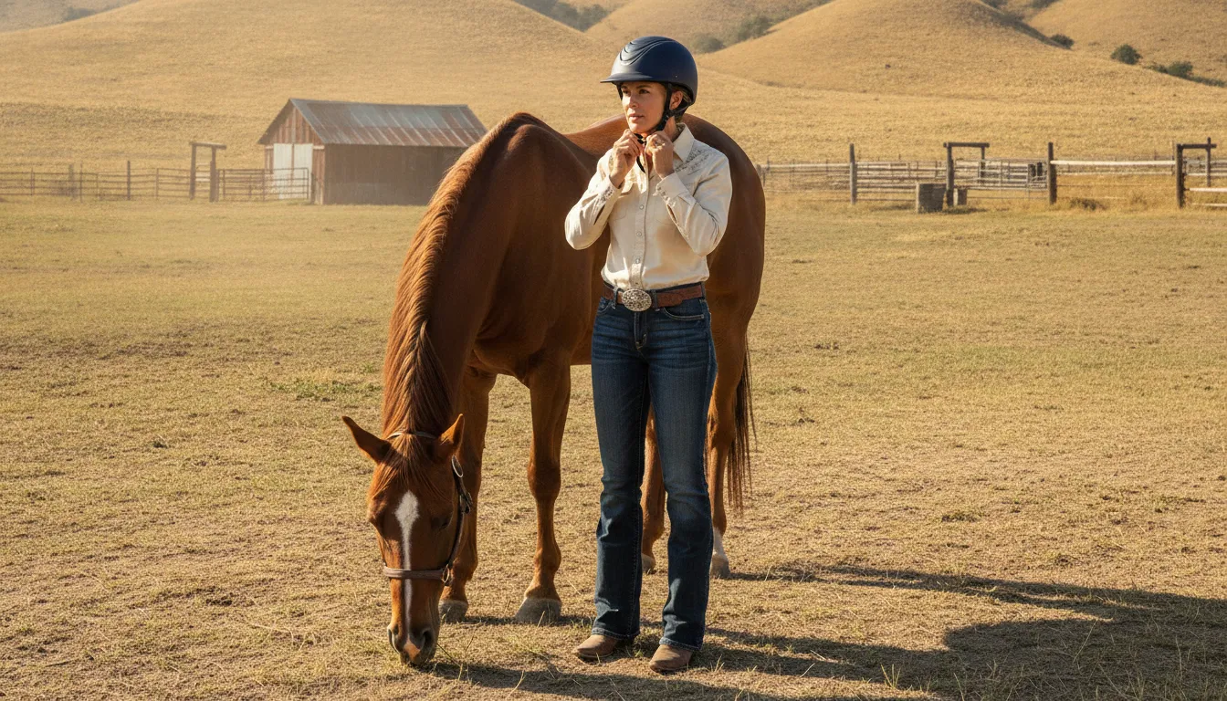 Rider checking the fit of a western riding helmet