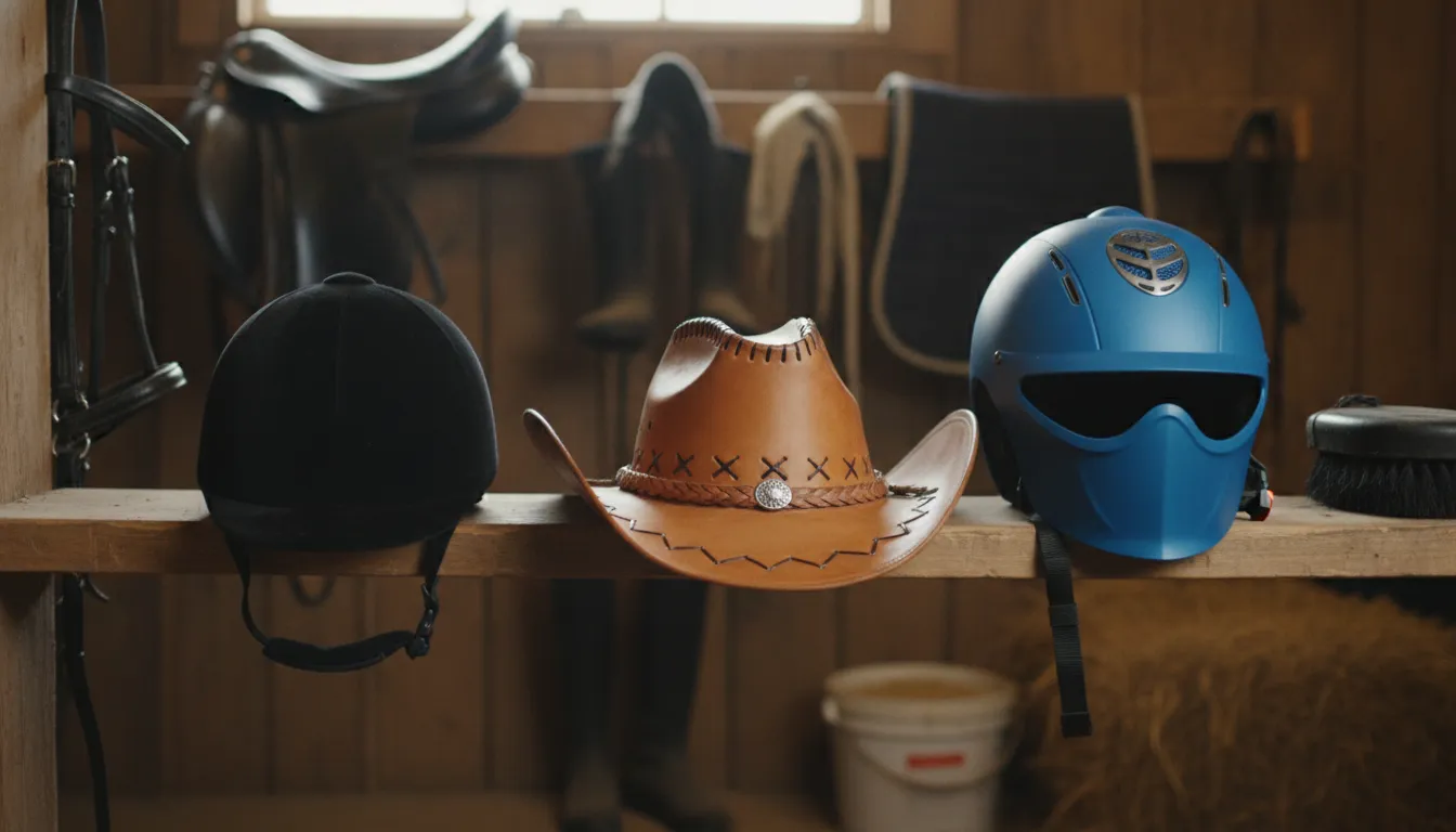 Three different styles of children's horse riding helmets for English and Western riding