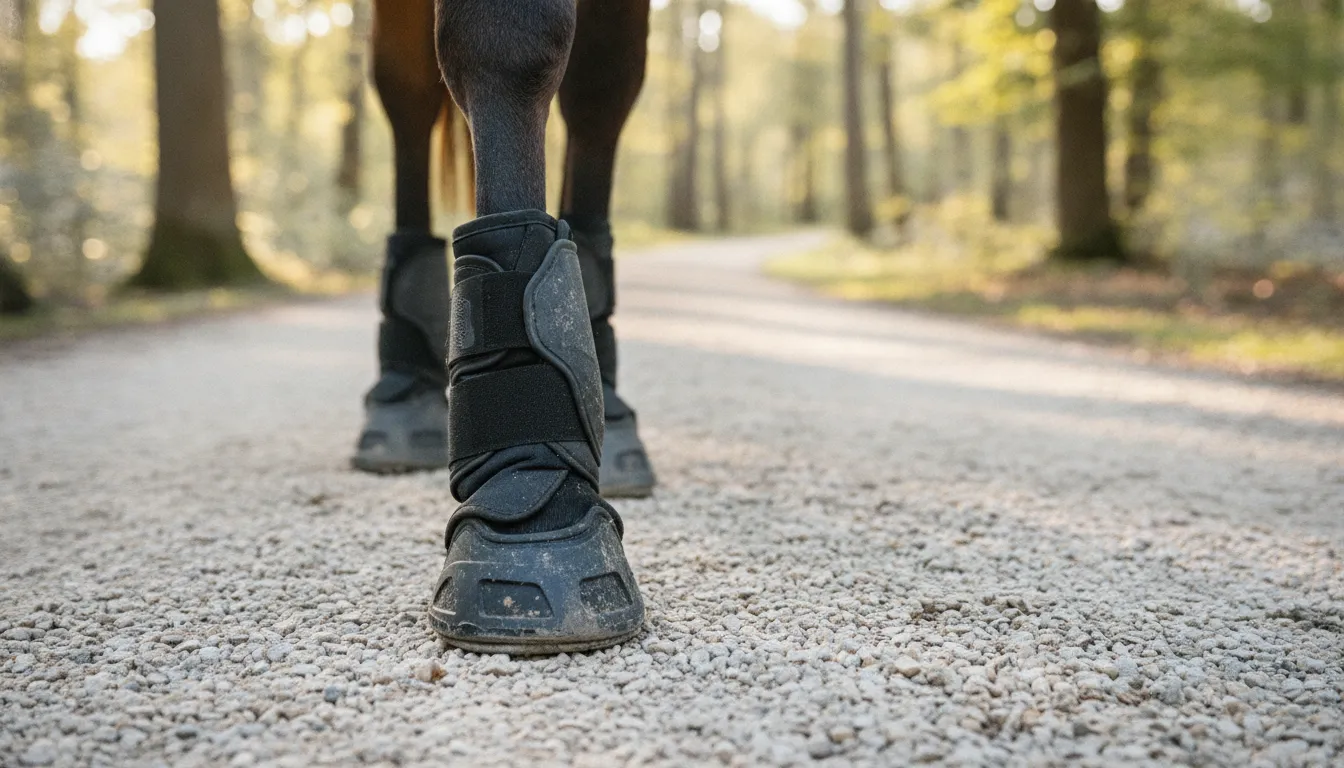 Close-up of hoof boots for horses protecting a hoof on gravel