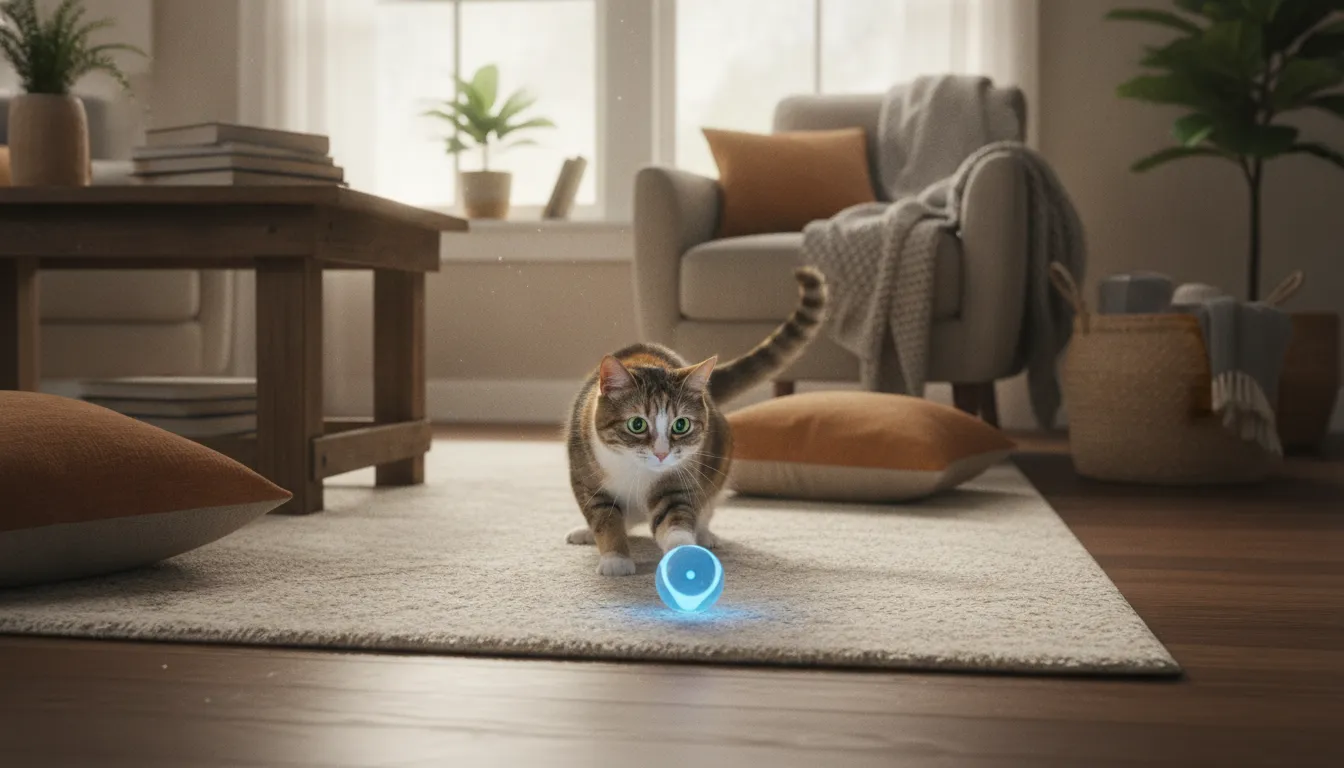 Curious tabby cat watches a robotic rolling ball toy spin on a living room rug