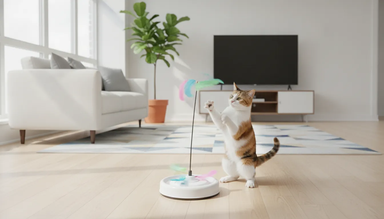 Active cat swatting at an automatic rotating feather toy in a bright modern room