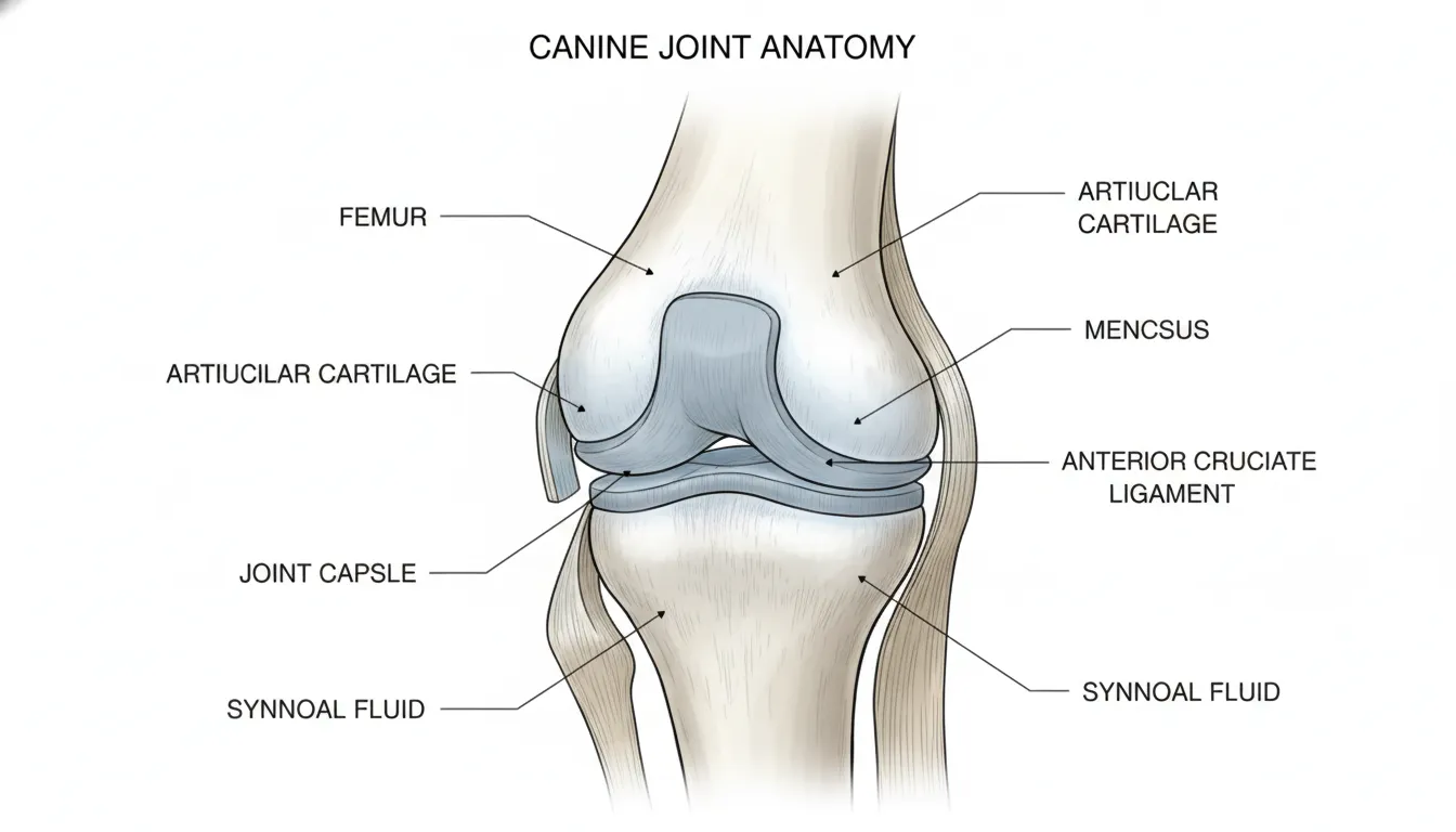 Diagram of healthy dog joint with cartilage cushioning bones and surrounding joint fluid