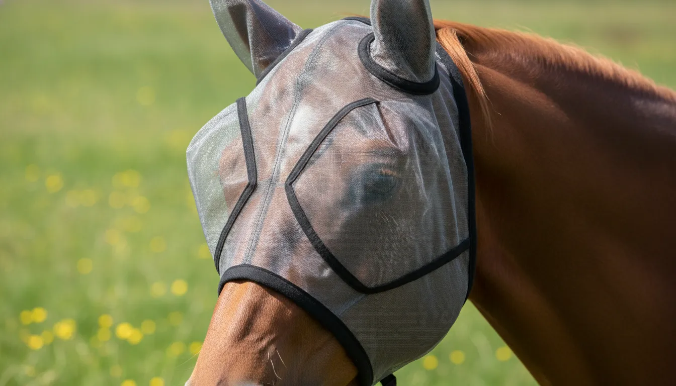 Close-up of a chestnut horse wearing a well-fitted fly mask showing proper fit around the eyes and ears