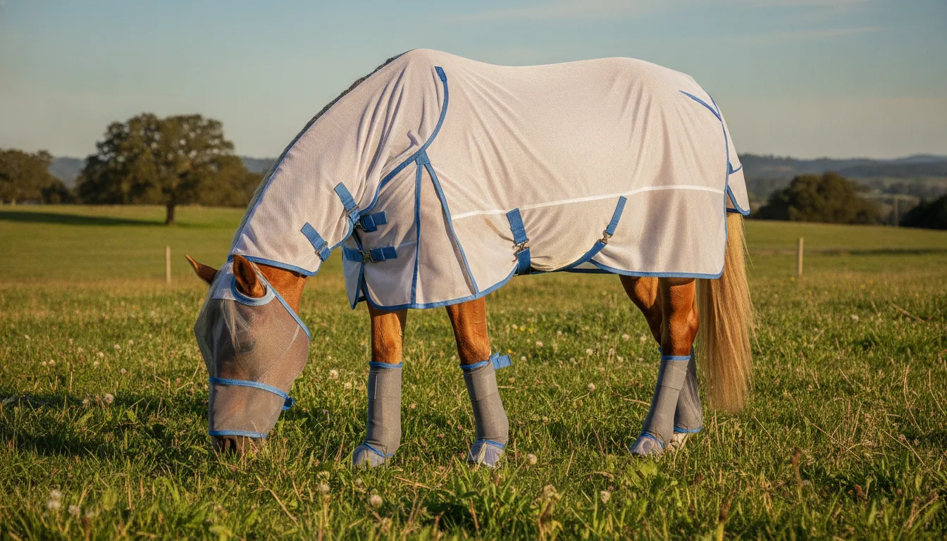 Horse wearing both a fly mask and a fly sheet in a pasture showing full-body fly protection